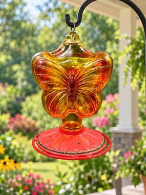 Vintage Birds Cafe Butterfly Hummingbird Feeder Amber Glass Red Base Garden Deco